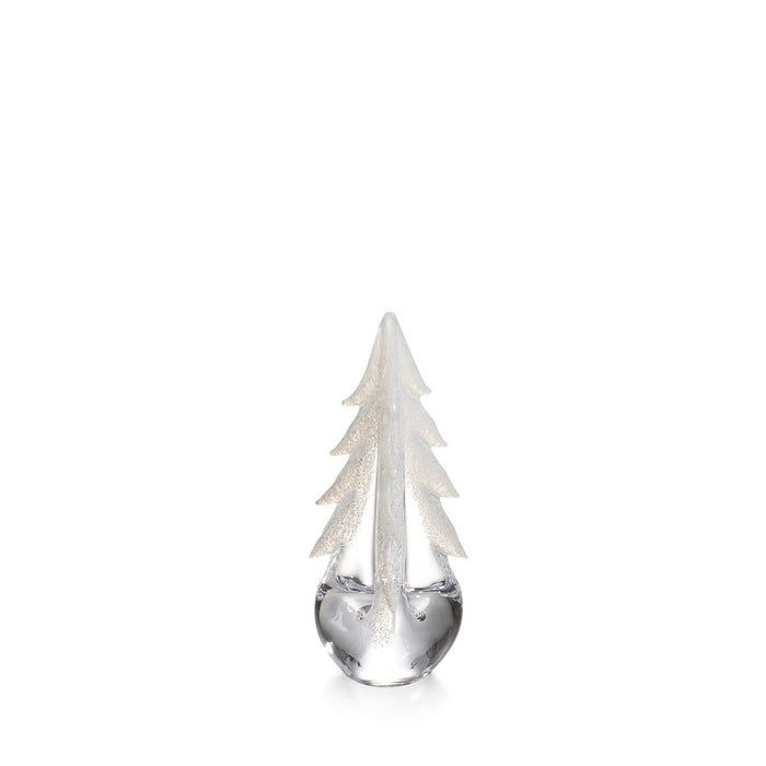 Clear glass decorative evergreen tree with frosted white branches and clear teardrop base.
