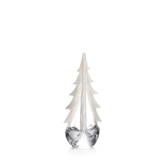 Frosted evergreen tree figurine with layered branches in a clear glass teardrop base.