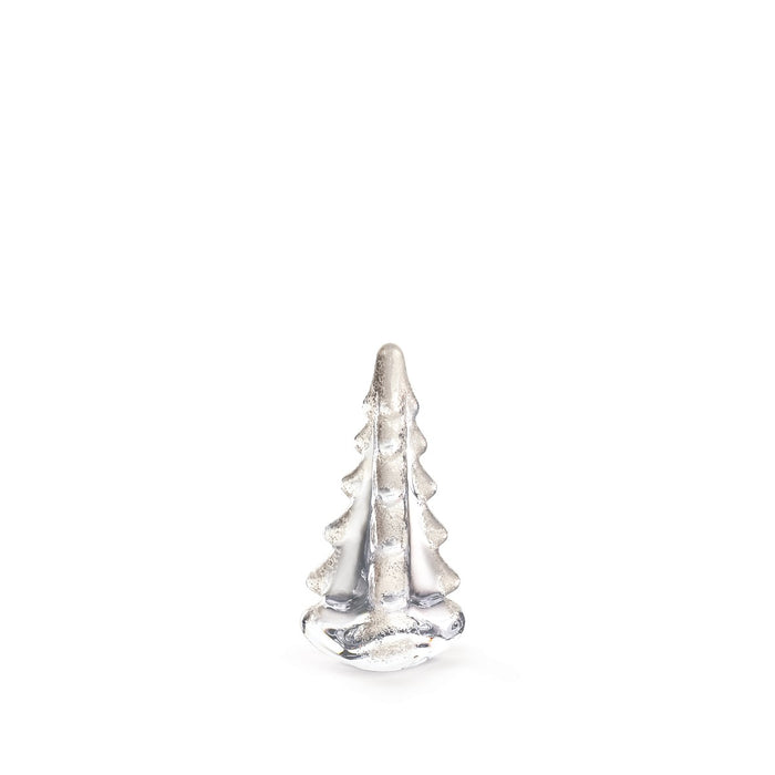 Clear glass evergreen tree figurine with silver glitter coating and snow-like texture throughout.