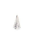 Clear glass evergreen tree figurine with silver glitter coating and snow-like texture throughout.