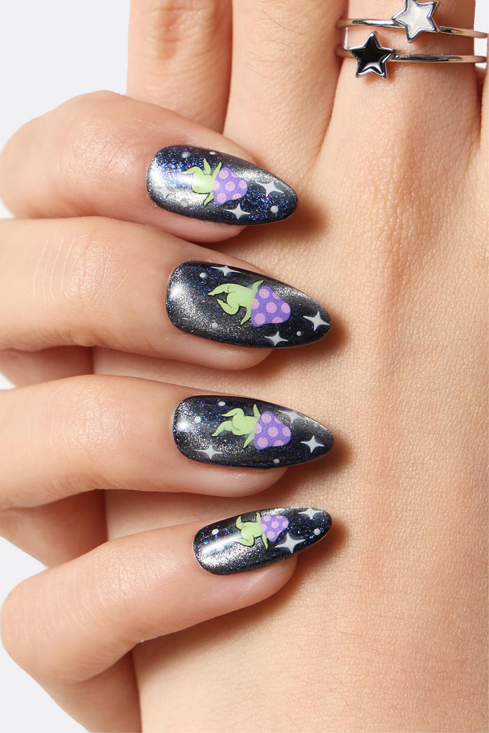 Space Rave press-on nails with a dark starry background featuring green alien mushroom characters and purple polka dot caps.