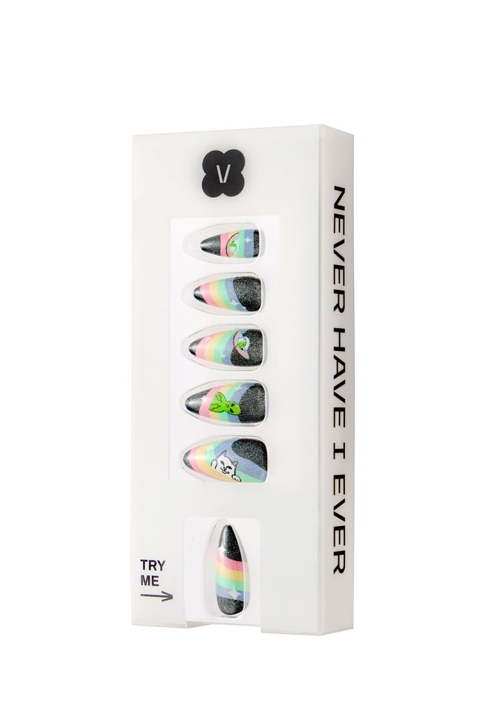 Ripndip SPACED OUT press-on nails with rainbow stripes and character art.