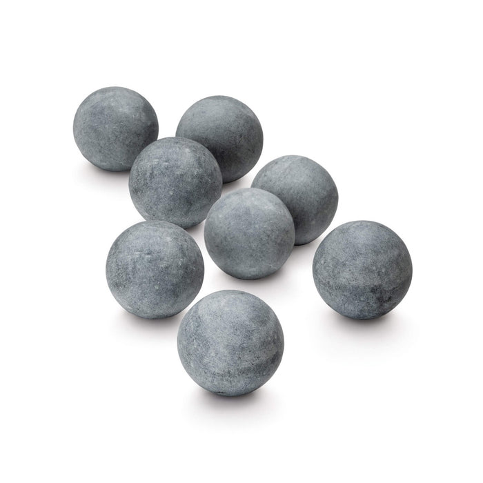 Eight gray stone spheres arranged on a white background.
