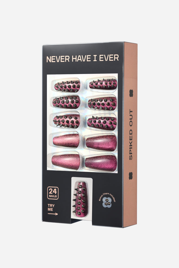 Never Have I Ever Spiked Out coffin press-on nails with glitter pink-purple base and black spikes.
