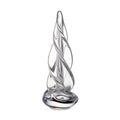 Clear glass spiral tree form with four-sided twisted design and rounded base.