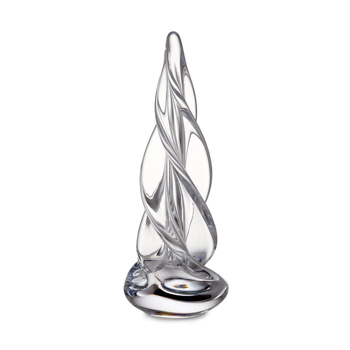 Clear glass spiral tree form with four-sided twisted design and rounded base.