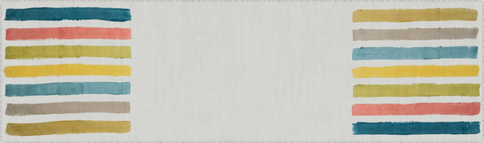 Linen table runner with horizontal stripes in teal, coral, olive, yellow, and gray on cream background.
