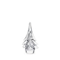 Clear glass spruce evergreen tree figurine with pointed top and layered branches on rounded base.