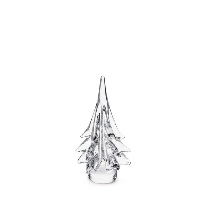 Clear glass spruce evergreen tree figurine with pointed top and layered branches on rounded base.