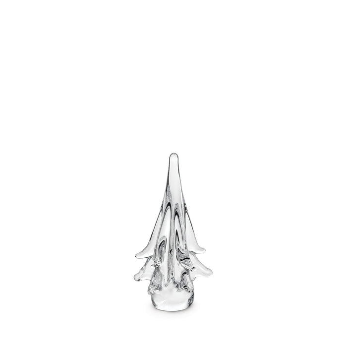 Clear glass spruce evergreen figurine with pointed top and curved branch-like extensions, approximately 6 inches tall.