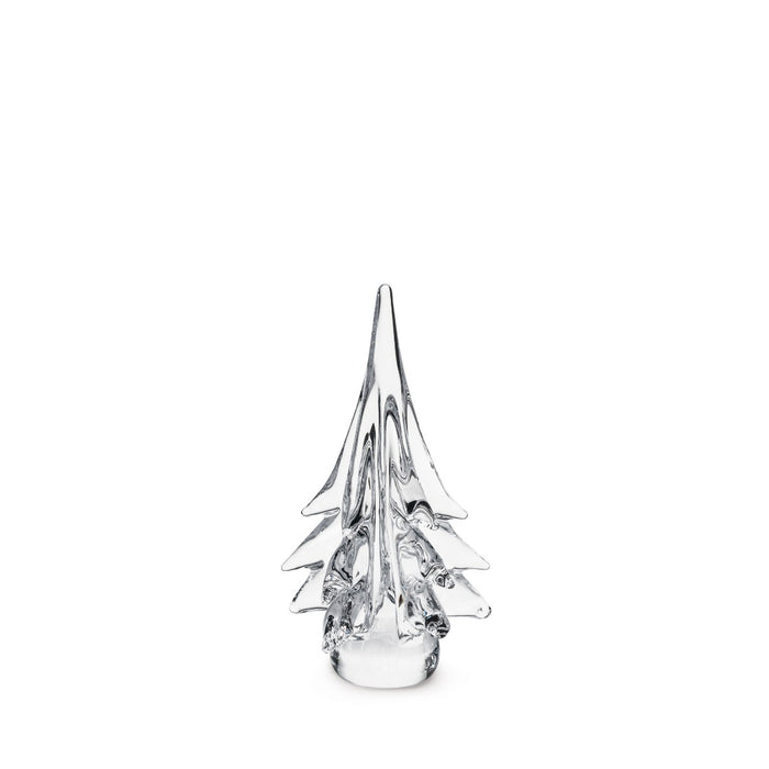 Clear glass decorative tree with layered pointed branches tapering to a sharp top and solid base.