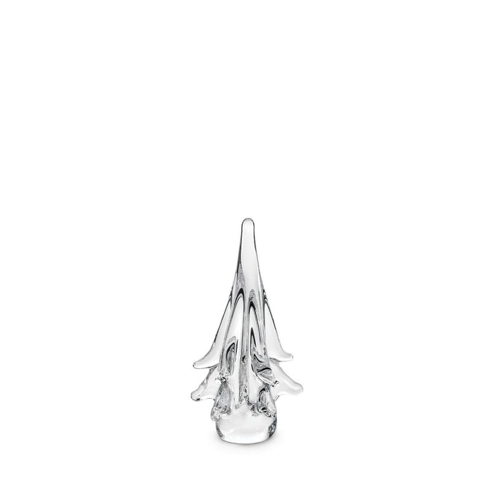 Clear glass decorative tree figurine with pointed top and layered petal-like branches.