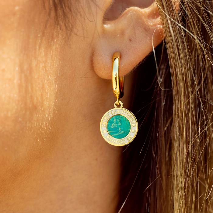 St. Christopher Earrings - Gold / Aqua White