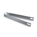 Stainless steel ice tongs with two hinged arms and grip handles on white background.