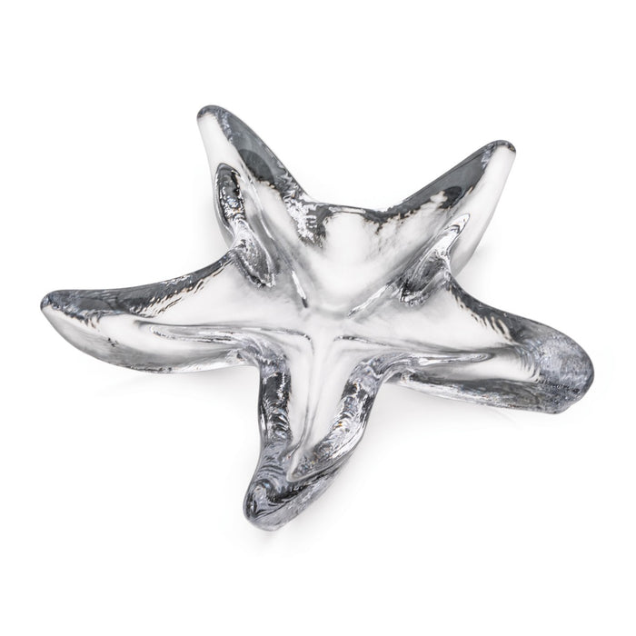 Silver and white starfish-shaped dish with five pointed arms and textured surface detail.