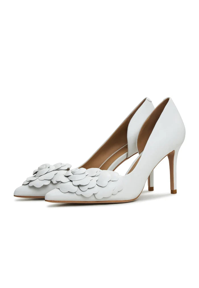 A pair of elegant white high heels, Anouk pumps with stiletto heels, perfect for any occasion.