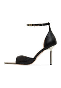 A stylish pair of black stiletto high heel sandals, perfect for a night out on the town.