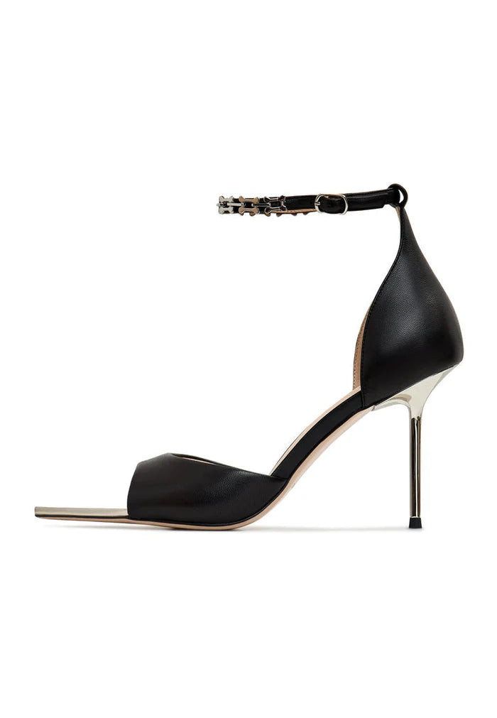A stylish pair of black stiletto high heel sandals, perfect for a night out on the town.