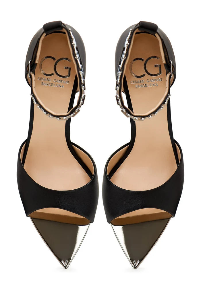 A stylish pair of black stiletto high heel sandals, perfect for a night out on the town.