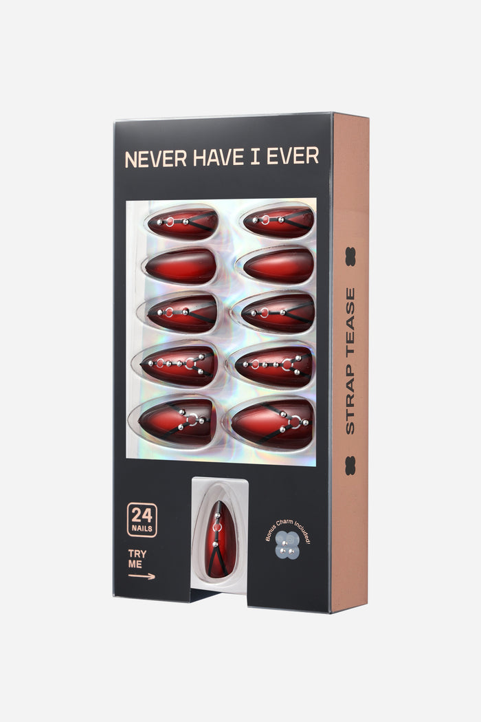 STRAP TEASE almond press-on nails with crimson glossy finish and black straps.