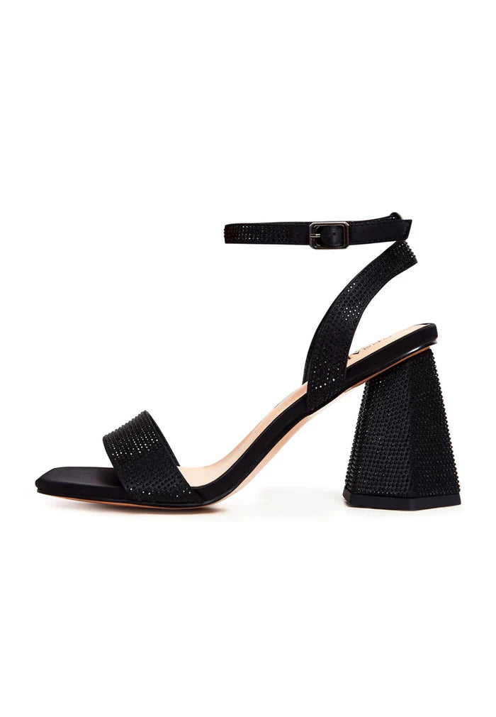 A stylish pair of women's black rhinestone block heel strappy sandals, perfect for a glamorous night out.