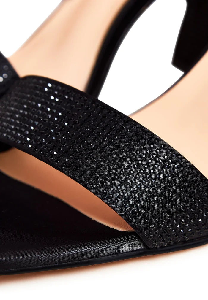 A stylish pair of black strappy block heel rhinestone sandals, perfect for women's footwear.