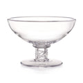 Clear glass serving dish with a wide shallow bowl, a patterned stem, and a round base, photographed on a white background.