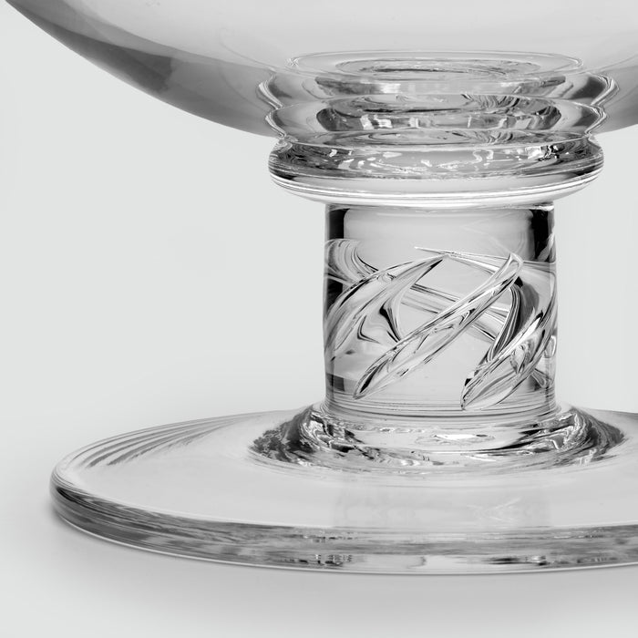 Close-up of a clear glass pedestal bowl with a geometric pattern on the stem, set against a light gray background.