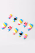 Striped Bliss press-on nails with pink, yellow, blue, white, and black stripes.