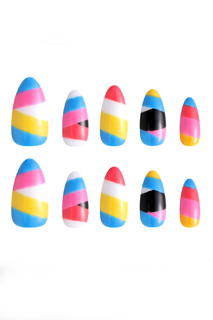 Striped Bliss press-on nails in pink, blue, yellow, and white abstract design.