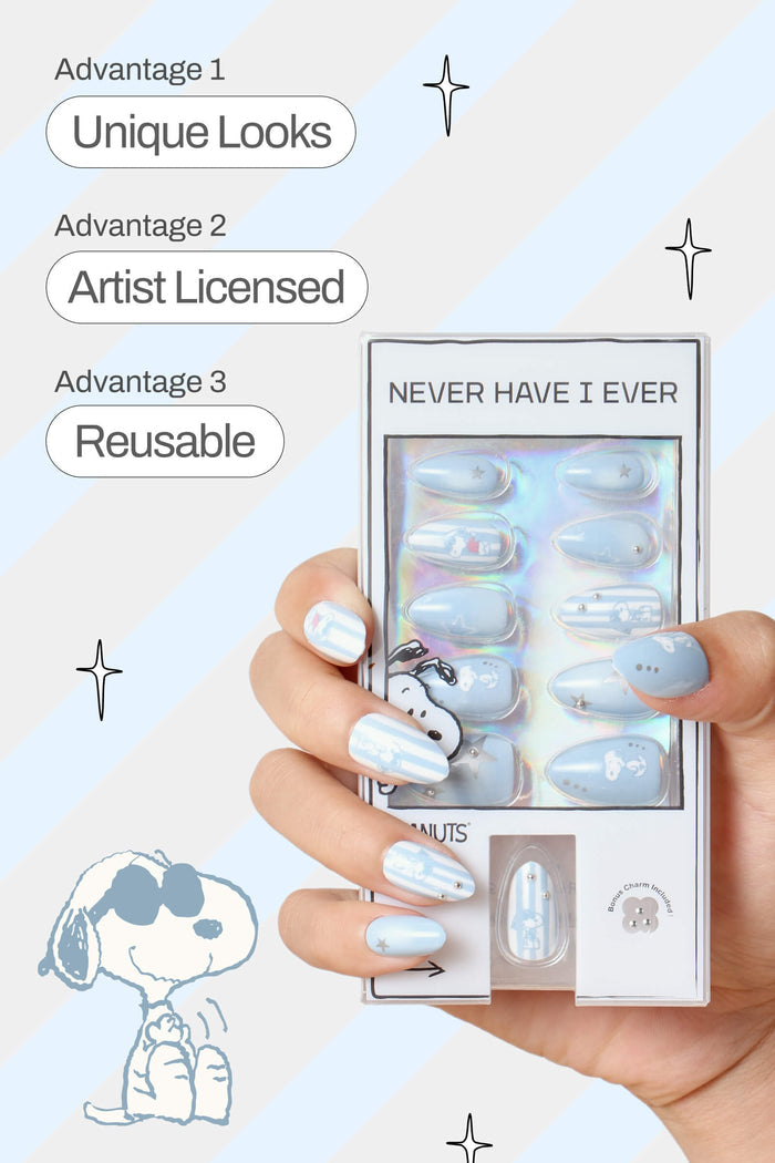 Short almond press-on nails featuring Snoopy and stripes, with blue and white design.