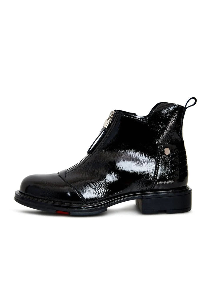 A stylish pair of Antonia black patent ankle boots, perfect addition to any women's fashion footwear collection.