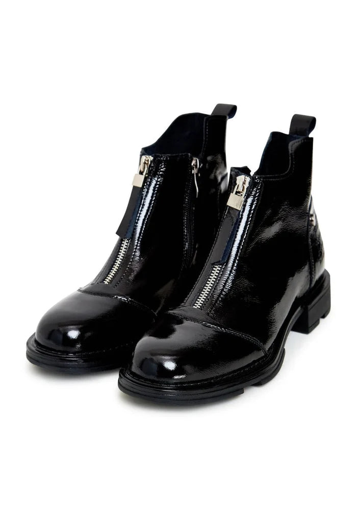 A fashionable pair of women's black patent Antonia ankle boots, perfect for adding a stylish touch to any outfit.