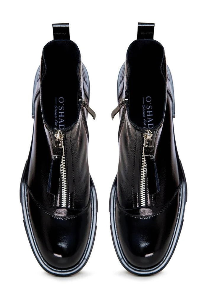 A chic pair of women's fashion footwear - stylish ankle boots, Antonia boots, patent black boots, perfect for any occasion.