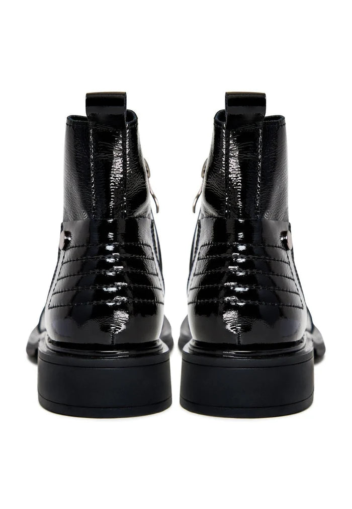 A pair of sleek and stylish Antonia patent black ankle boots, perfect for women's fashion footwear.