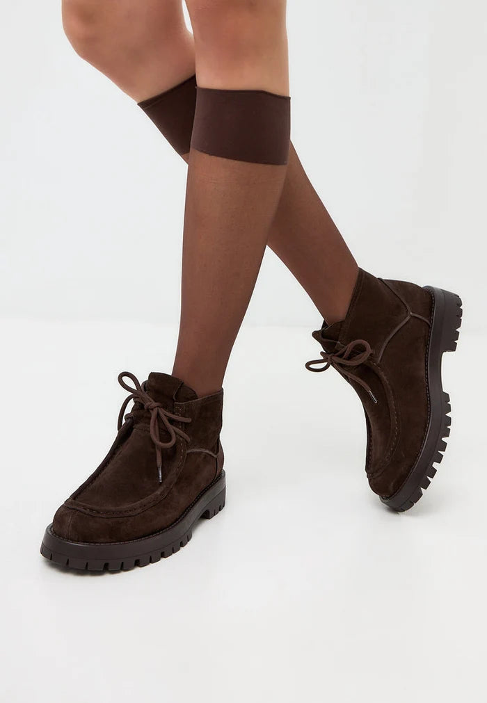 A stylish pair of Mavi brown suede lace-up ankle boots for women.