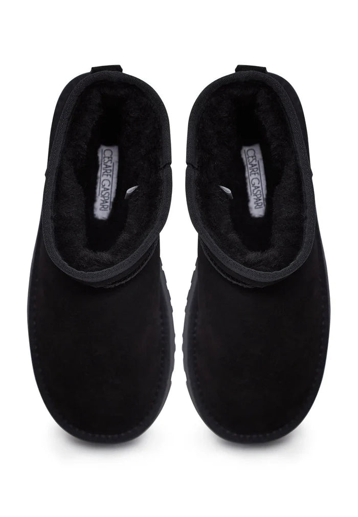 A stylish pair of black suede platform winter boots, perfect for adding both height and warmth to your winter footwear collection.