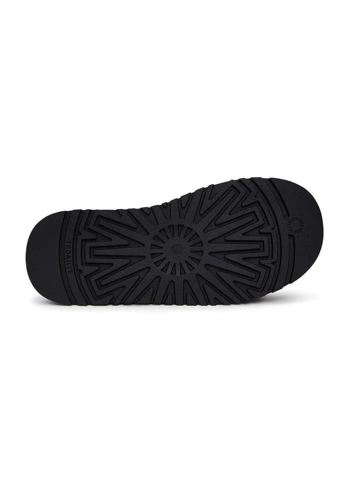A stylish pair of black suede winter boots with a platform sole, perfect for staying cozy and fashionable in the cold weather.