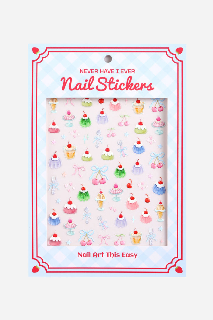 Jello Party nail stickers: cupcakes, jellies, cherries, bows, and cutlery in pastel colors.