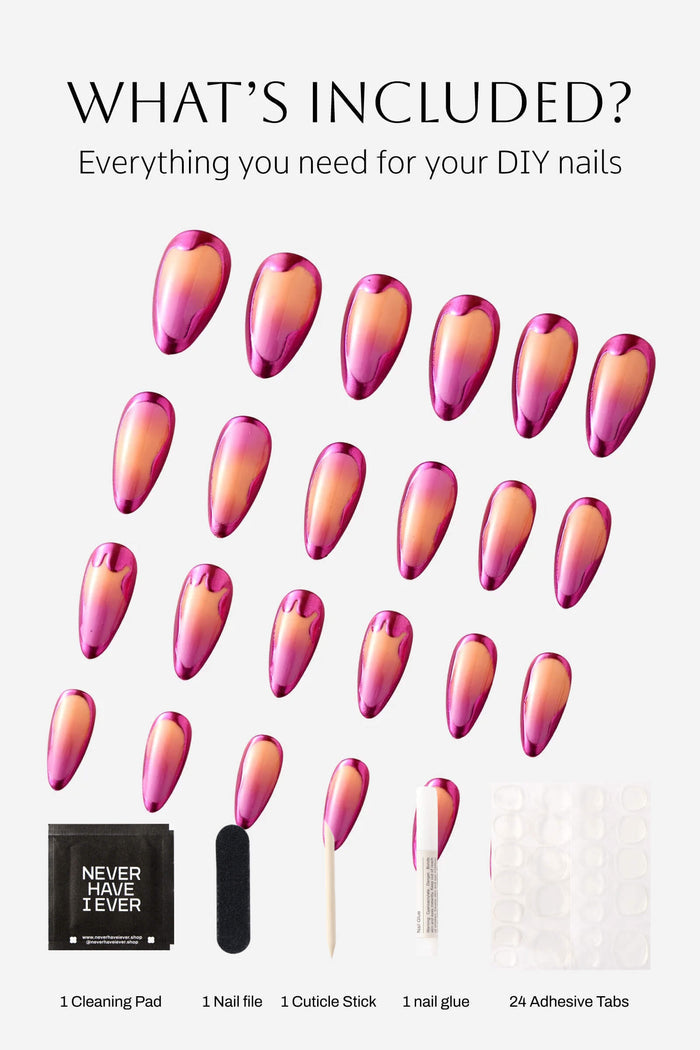 Sunset Chrome press-on nails set with 24 pieces, nail file, cuticle stick, glue, and adhesive tabs.