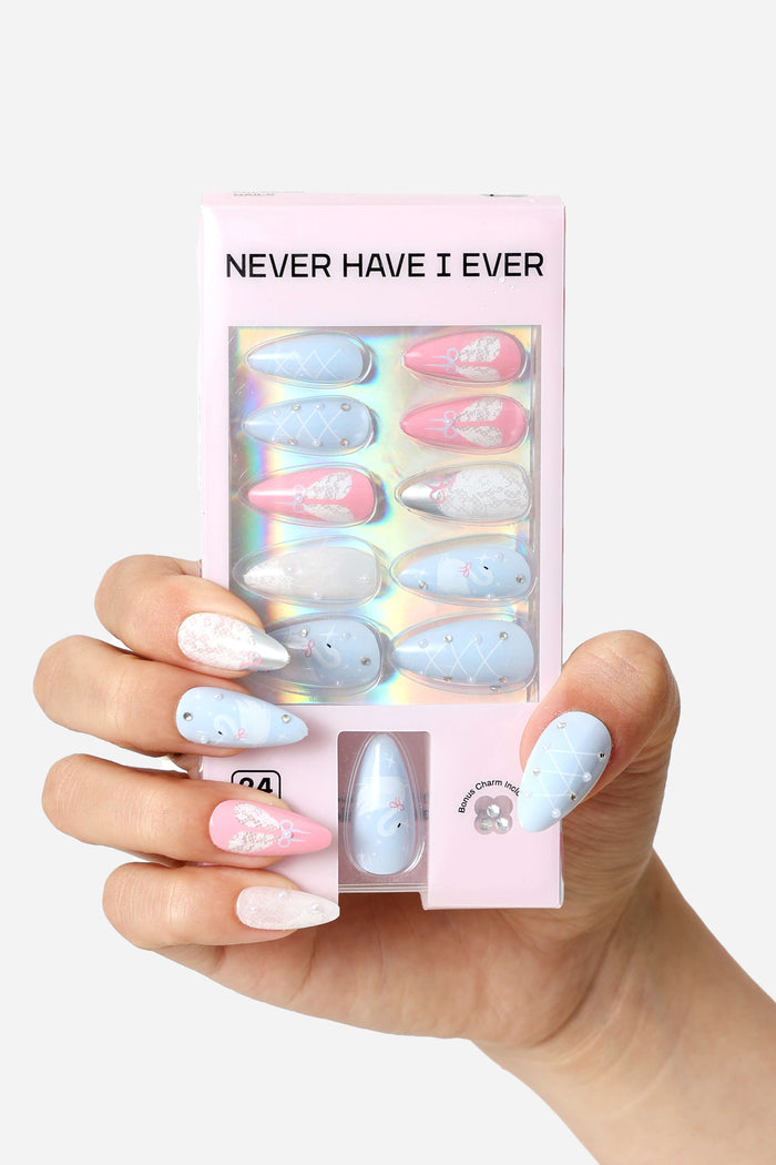 Never Have I Ever Swan Lake almond press-on nails with swan and lace designs, featuring pastel blue and pink colors.