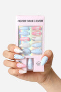 Never Have I Ever Swan Lake almond press-on nails with swan and lace designs, featuring pastel blue and pink colors.