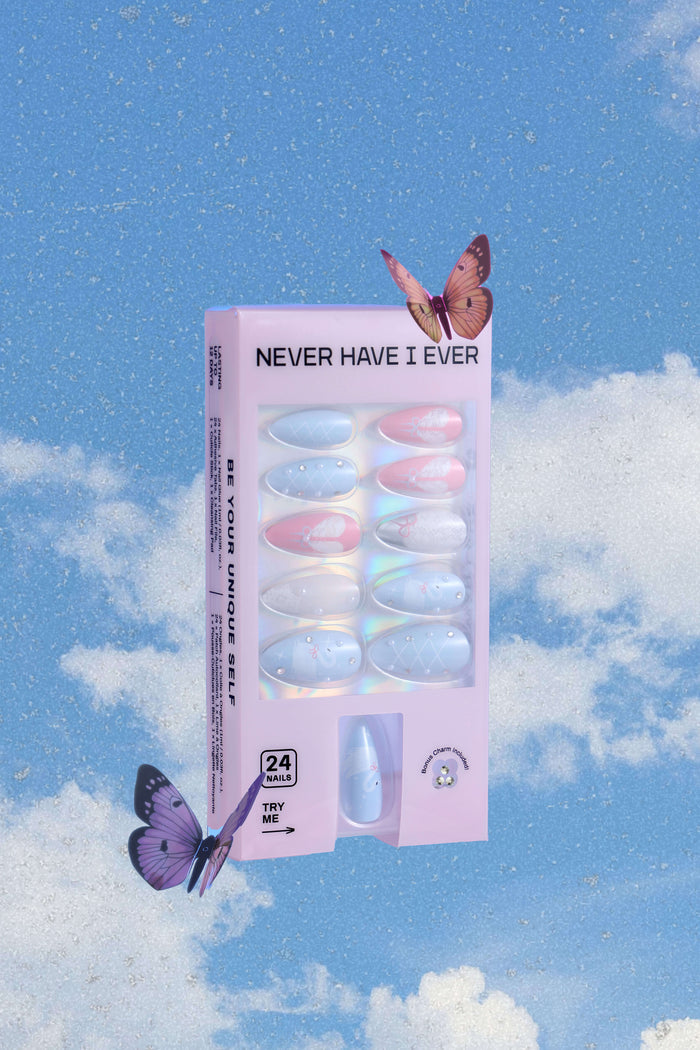 Swan Lake almond press-on nails: pastel blue/pink, swan, lace, bow designs. Includes 24 nails, glue, accessories. NEVER HAVE I EVER brand.
