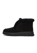 A stylish pair of taupe shearling-lined ankle boots, also known as Adriana black boots, perfect for winter fashion.
