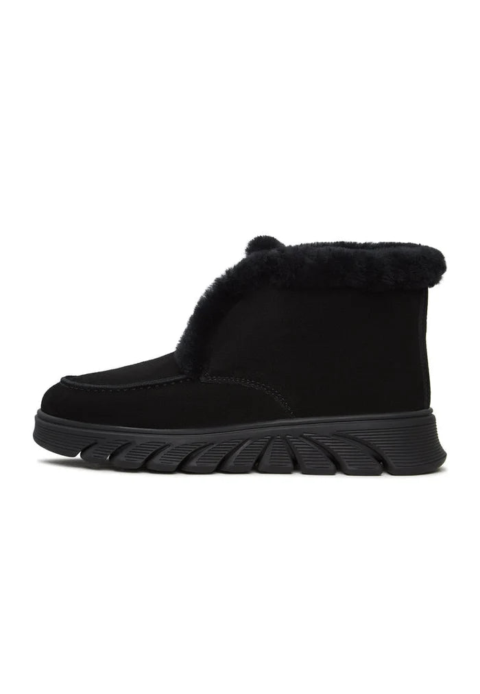 A stylish pair of taupe shearling-lined ankle boots, also known as Adriana black boots, perfect for winter fashion.