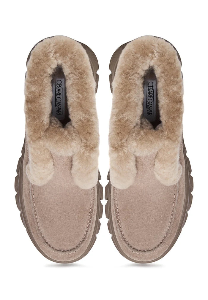 A pair of stylish Taupe Shearling-Lined Ankle Boots, also known as Adriana Brown Boots, featuring cozy shearling lining and a trendy brown color - the perfect women's taupe footwear for winter.