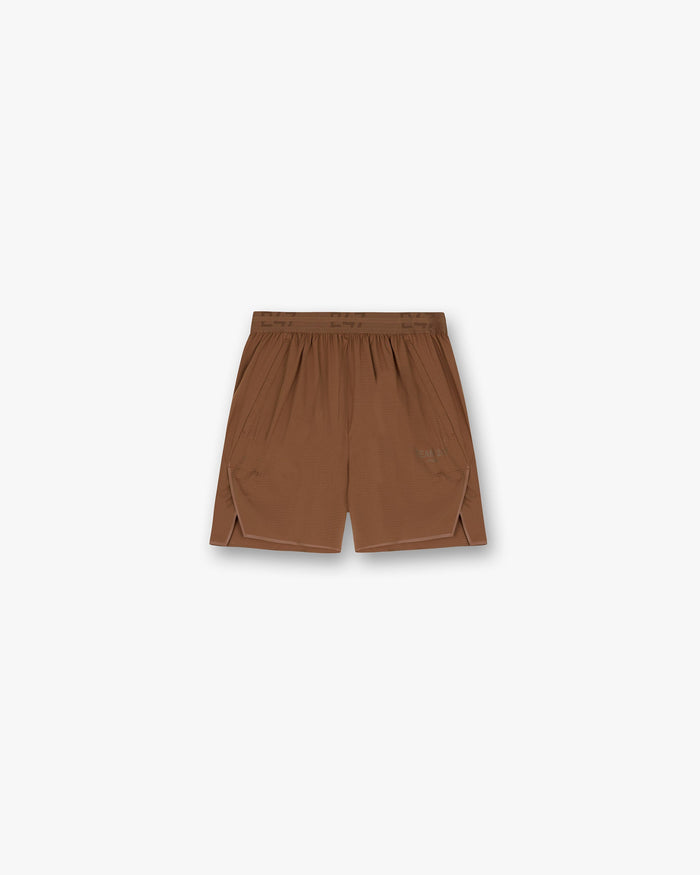 Front product image of mens rust shorts on a plain white background | Team 247 Aero Shorts in Rust | Sweat shorts with elasticised waist and drawcord | 247 Shorts | Represent Clo