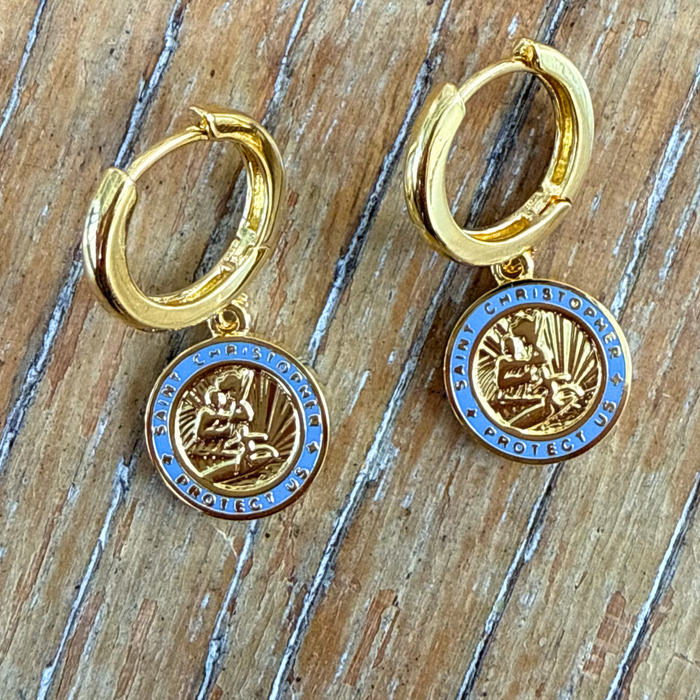 The Imperfect Archive  - Gold / Baby Blue St. Christopher Earrings