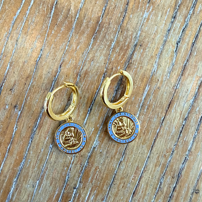 The Imperfect Archive  - Gold / Baby Blue St. Christopher Earrings