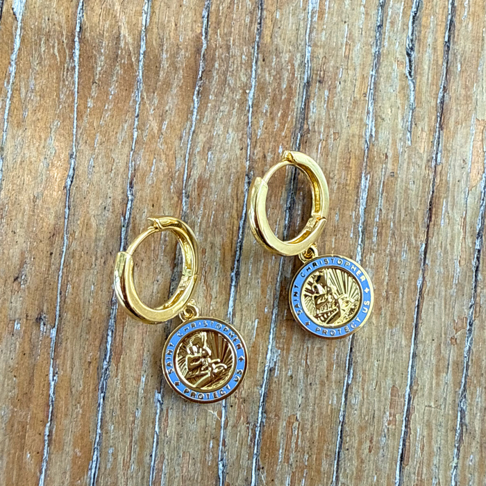 The Imperfect Archive  - Gold / Baby Blue St. Christopher Earrings